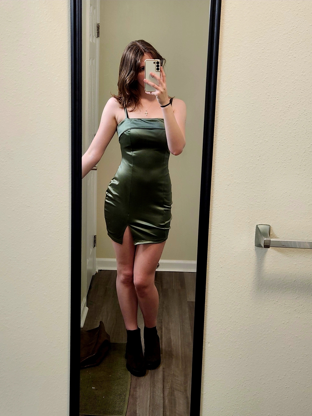 Windsor Olive Green Satin Strapless Mini Dress with Front Slit